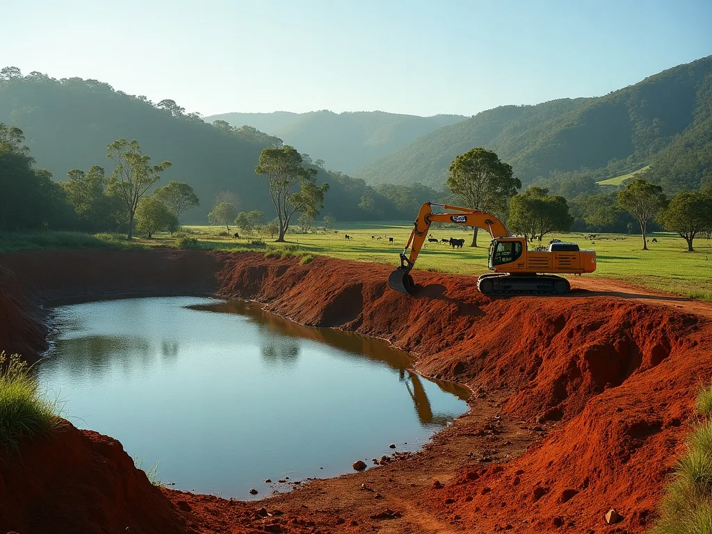 Excavator shaping the bank of a rural farm dam