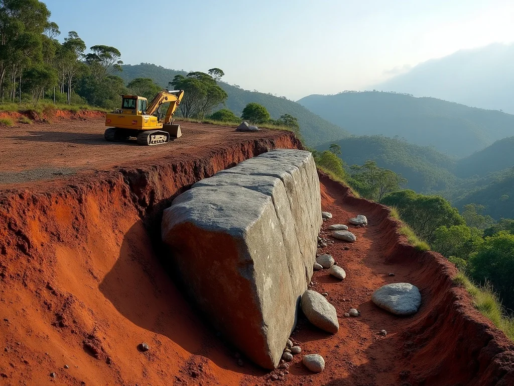 Basalt boulder retaining wall built into a rural slope